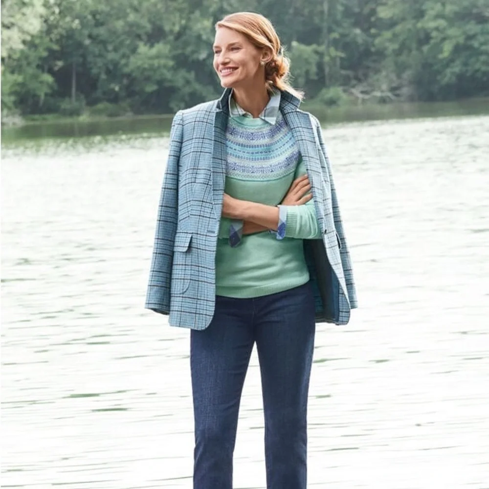 Talbots Wool Blend Shetland Classic Timeless Blue Plaid Pattern Blazer Size 16 - Picture 2 of 11